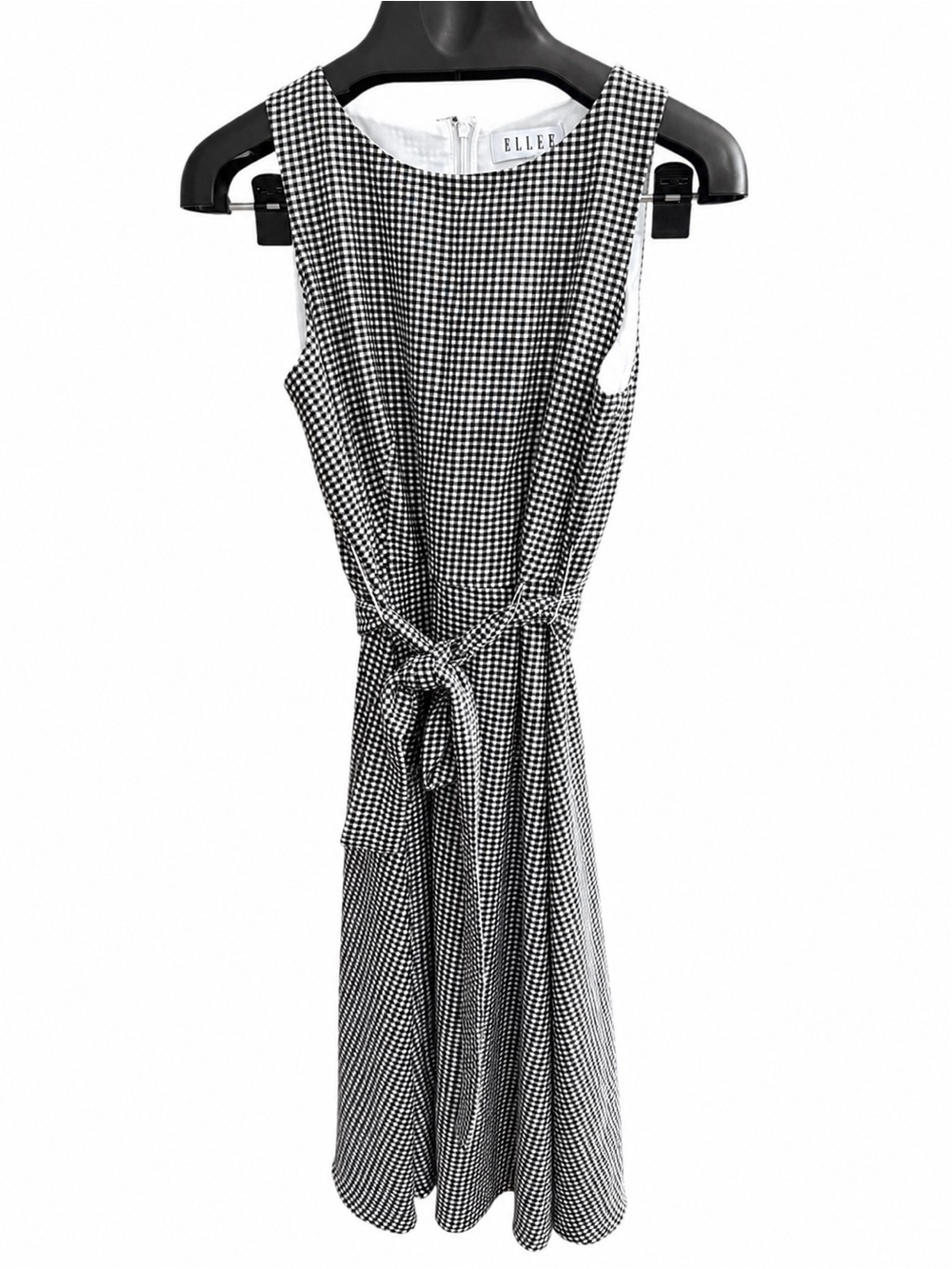 ELLE Black White Gingham Midi Dress Size S Tie Waist Cottagecore Picnic Dress - Picture 1 of 3
